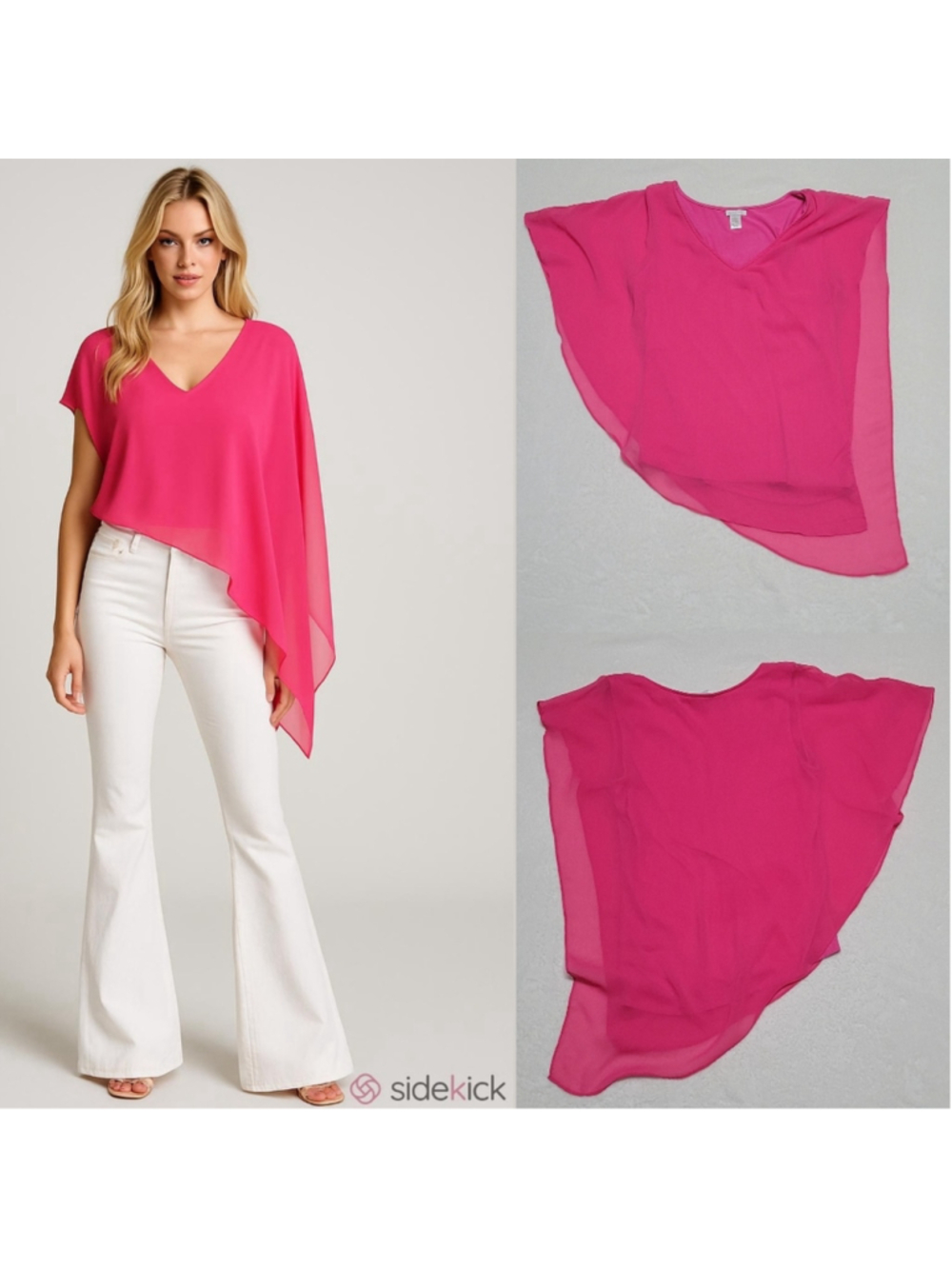 Cache Vintage 90s Fuschia Pink Asymmetric Chiffon Overlay V-neck Capelet Blouse